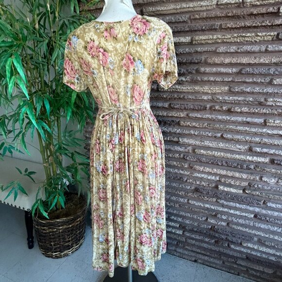 Jane Ashley Vintage 90s Gold Beaded Floral Grunge Back Tie Dress Size Small - Picture 7 of 13
